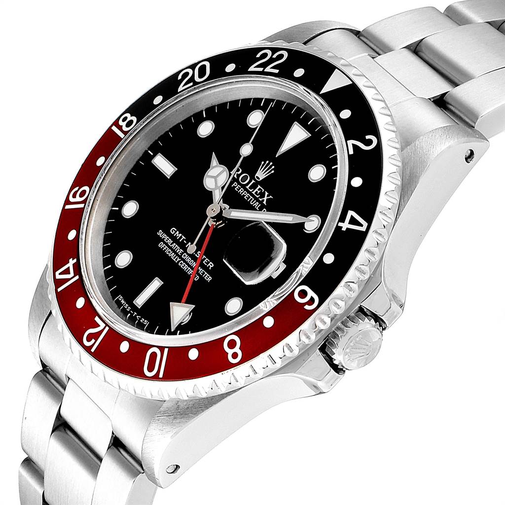 The image shows a Rolex GMT-Master 16700 Men's Stainless Steel Black Dial 16700 Men's Stainless Steel Black Dial watch at an angle highlighting the face, bezel, crown, and part of the metal bracelet.