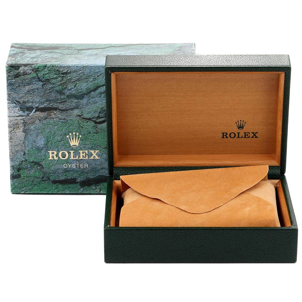 The image shows an open Rolex GMT-Master 16700 Men's Stainless Steel Black Dial 16700 Men's Stainless Steel Black Dial watch box with a suede pouch inside and its exterior packaging.