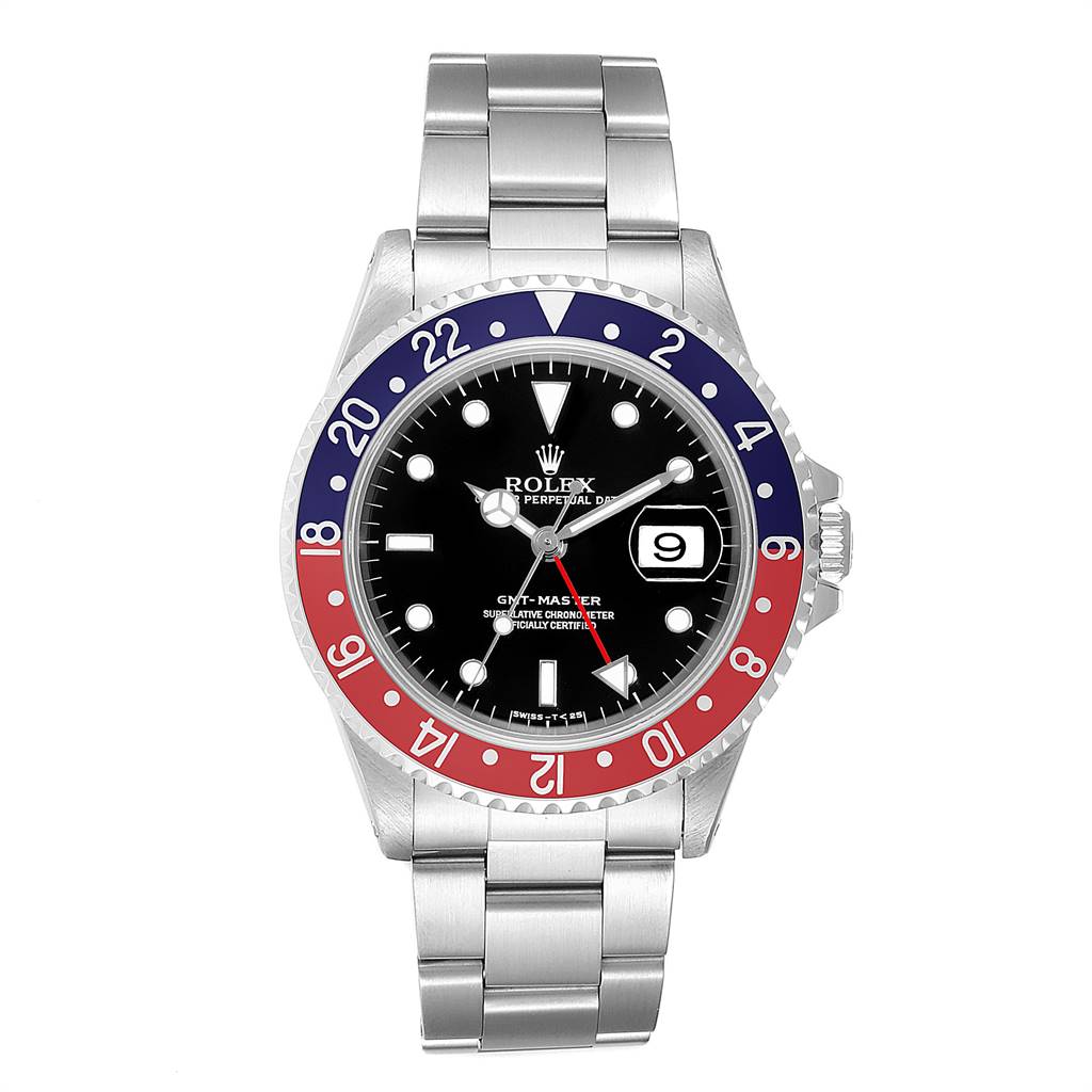 The Rolex GMT-Master 16700 Men's Stainless Steel Black Dial 16700 Men's Stainless Steel Black Dial watch is shown from a frontal angle, displaying its bezel, dial, hands, date, and bracelet.