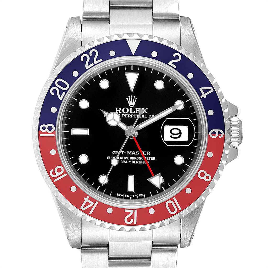 The image shows a front view of a Rolex GMT-Master 16700 Men's Stainless Steel Black Dial 16700 Men's Stainless Steel Black Dial watch, displaying its dial, bezel, hands, and bracelet.