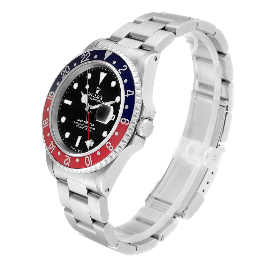 This image shows a Rolex GMT-Master 16700 Men's Stainless Steel Black Dial 16700 Men's Stainless Steel Black Dial watch at a slight angle, highlighting its face, bezel, bracelet, and crown.
