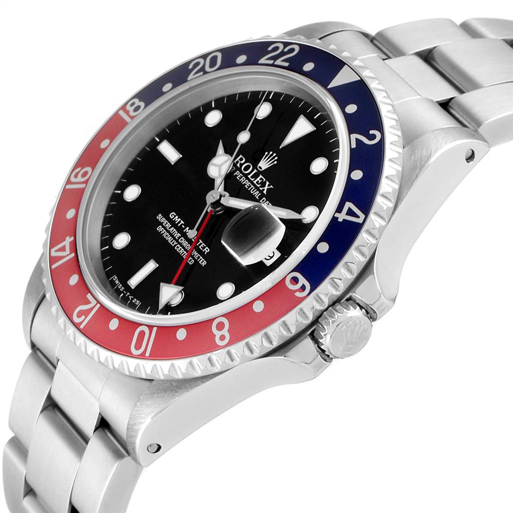 The image shows a close-up side angle view of a Rolex GMT-Master 16700 Men's Stainless Steel Black Dial 16700 Men's Stainless Steel Black Dial watch, highlighting its bezel, crown, and bracelet.