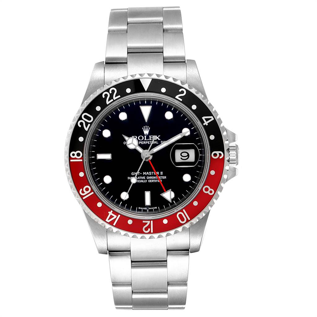 The Rolex GMT-Master 16710 Men's Stainless Steel Black Dial 16710 Men's Stainless Steel Black Dial watch is shown from a front angle, highlighting the face, bezel, and bracelet.