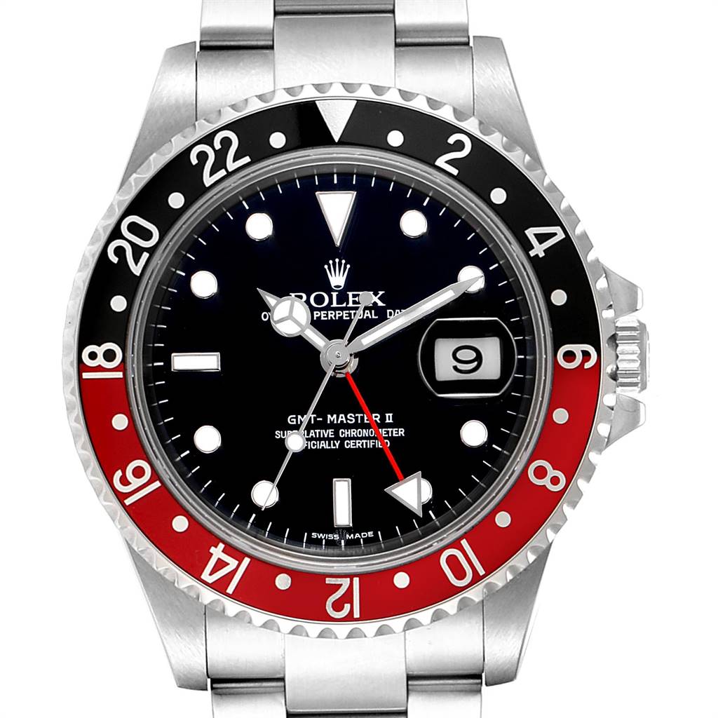This image shows a front view of the Rolex GMT-Master 16710 Men's Stainless Steel Black Dial 16710 Men's Stainless Steel Black Dial, highlighting the dial, bezel, hands, date window, and bracelet.