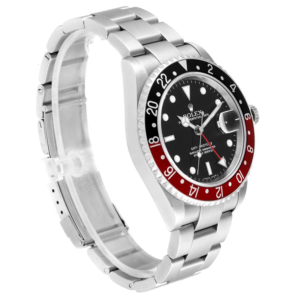 The image shows a Rolex GMT-Master 16710 Men's Stainless Steel Black Dial 16710 Men's Stainless Steel Black Dial watch at a three-quarter angle, highlighting the bezel, dial, and bracelet.