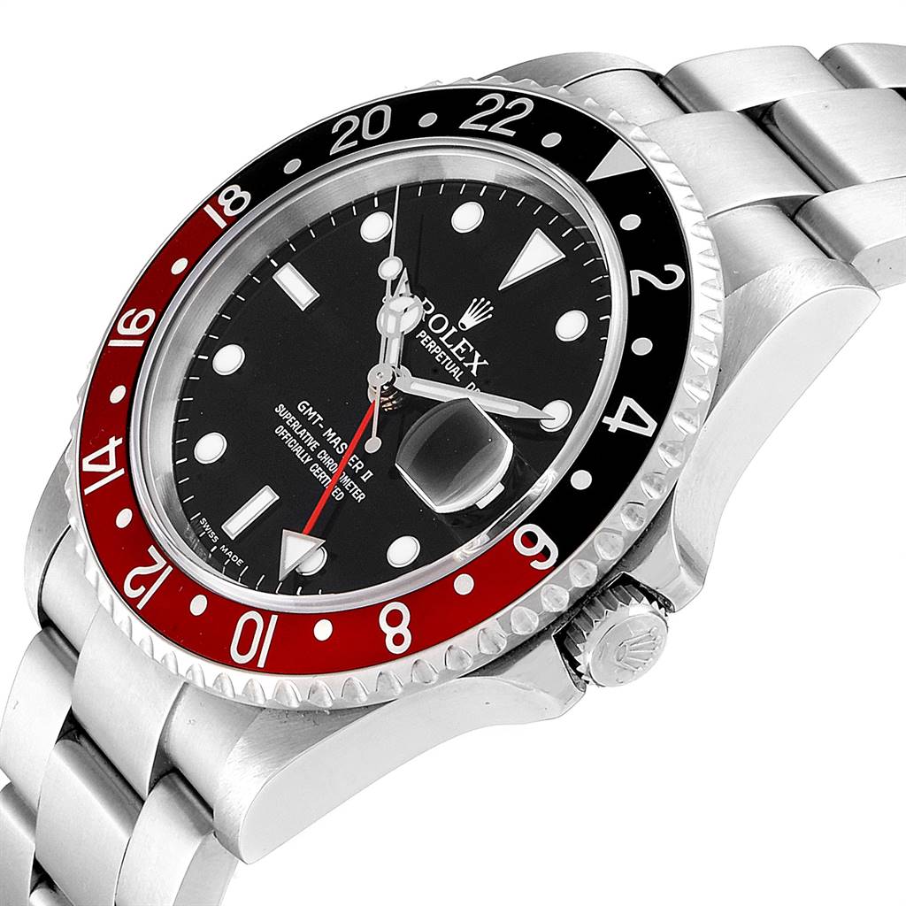 The image shows a side angle view of the Rolex GMT-Master 16710 Men's Stainless Steel Black Dial 16710 Men's Stainless Steel Black Dial watch, highlighting the bezel, dial, and part of the bracelet.