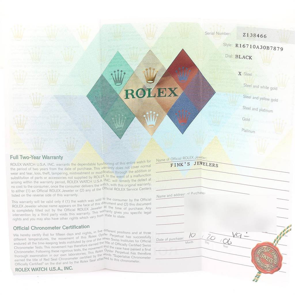 The image shows the warranty card for the Rolex GMT-Master 16710 Men's Stainless Steel Black Dial 16710 Men's Stainless Steel Black Dial model, detailing and authenticating the watch's purchase.