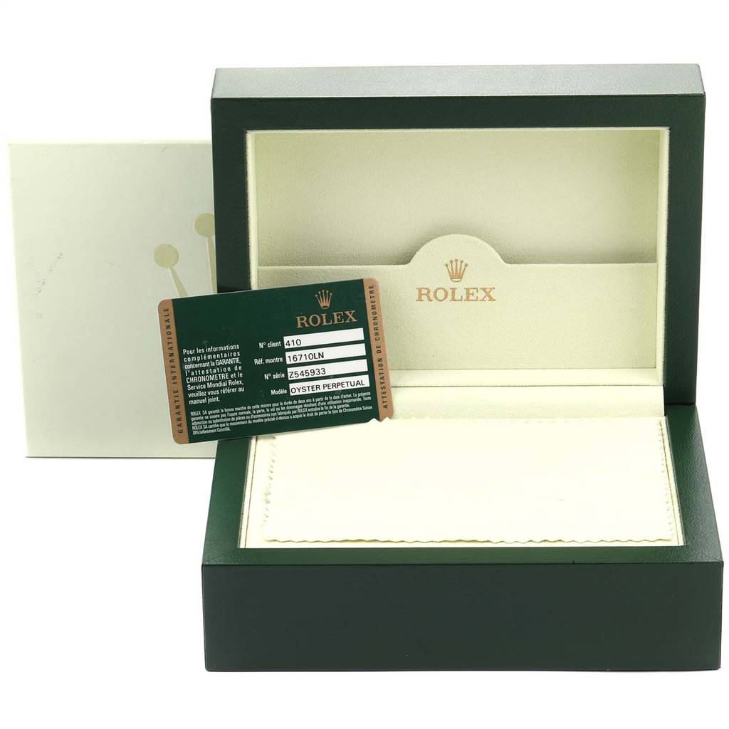 The image shows a Rolex GMT-Master 16710 Men's Stainless Steel Black Dial 16710 Men's Stainless Steel Black Dial watch box, warranty card, and outer packaging from a front angle.