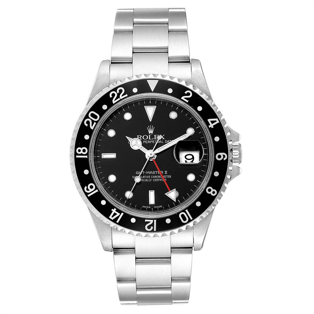 The image shows a front view of a Rolex GMT-Master 16710 Men's Stainless Steel Black Dial 16710 Men's Stainless Steel Black Dial II watch, featuring its black dial, bezel, and stainless steel bracelet.