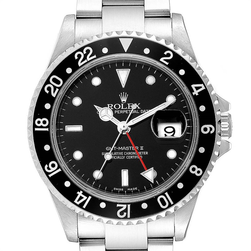 Rolex GMT Master II Black Bezel Red Hand Mens Watch 16710 Box Card SwissWatchExpo