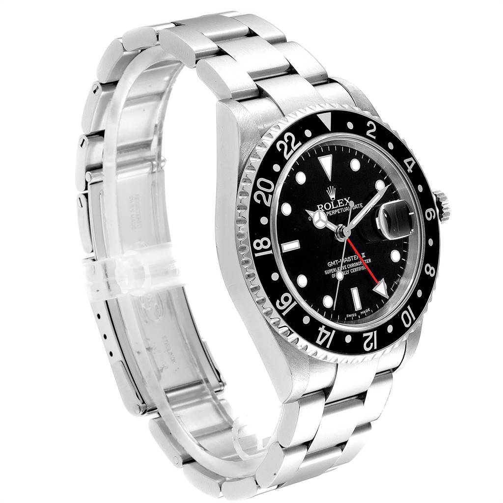This image shows a Rolex GMT-Master 16710 Men's Stainless Steel Black Dial 16710 Men's Stainless Steel Black Dial watch at a three-quarter angle, highlighting the bezel, dial, and stainless steel bracelet.