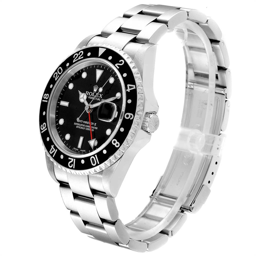 This Rolex GMT-Master 16710 Men's Stainless Steel Black Dial 16710 Men's Stainless Steel Black Dial watch is shown from a three-quarter angle, showcasing the face, bezel, crown, and bracelet.
