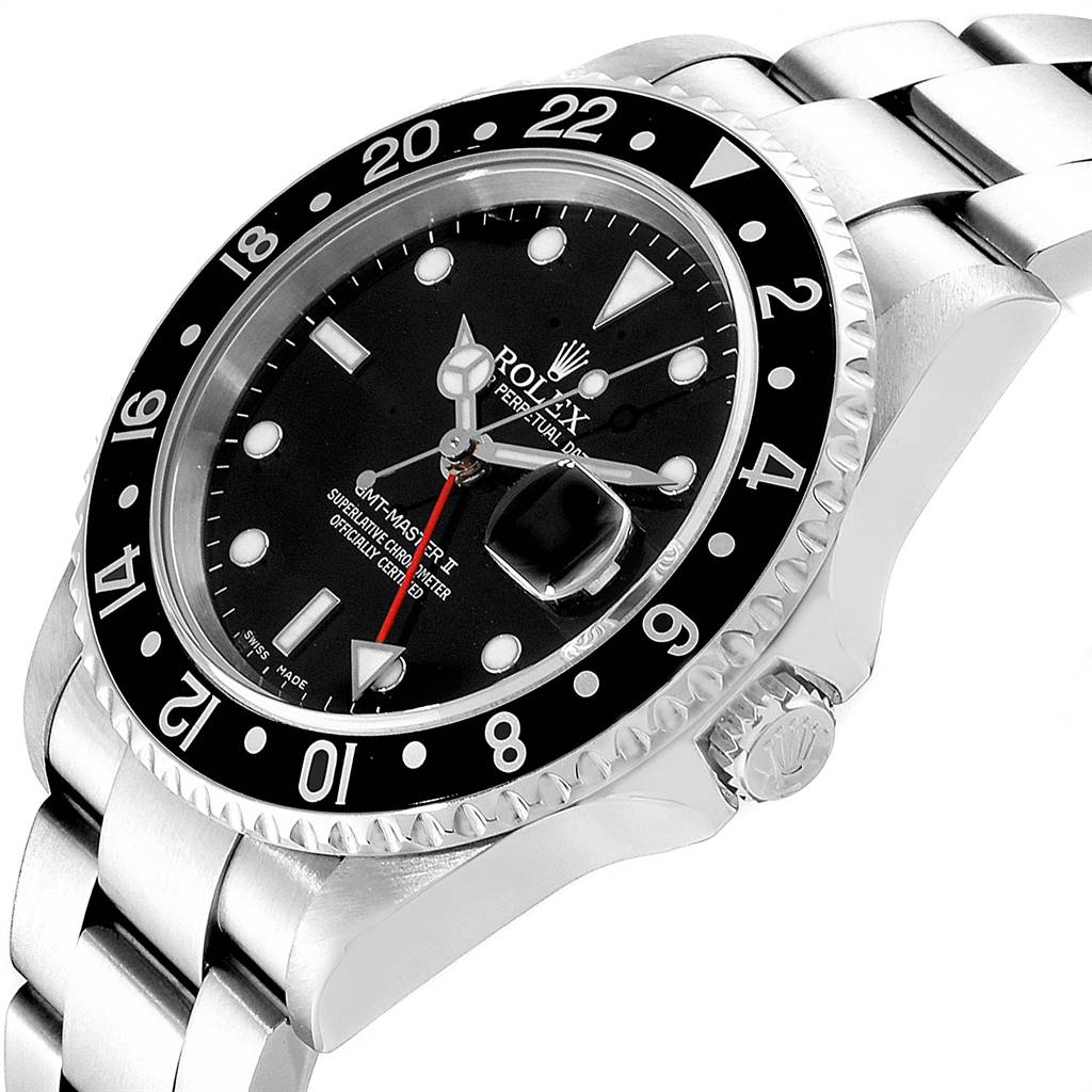 The image shows a close-up angle of a Rolex GMT-Master 16710 Men's Stainless Steel Black Dial 16710 Men's Stainless Steel Black Dial II watch, highlighting the bezel, dial, crown, and part of the bracelet.