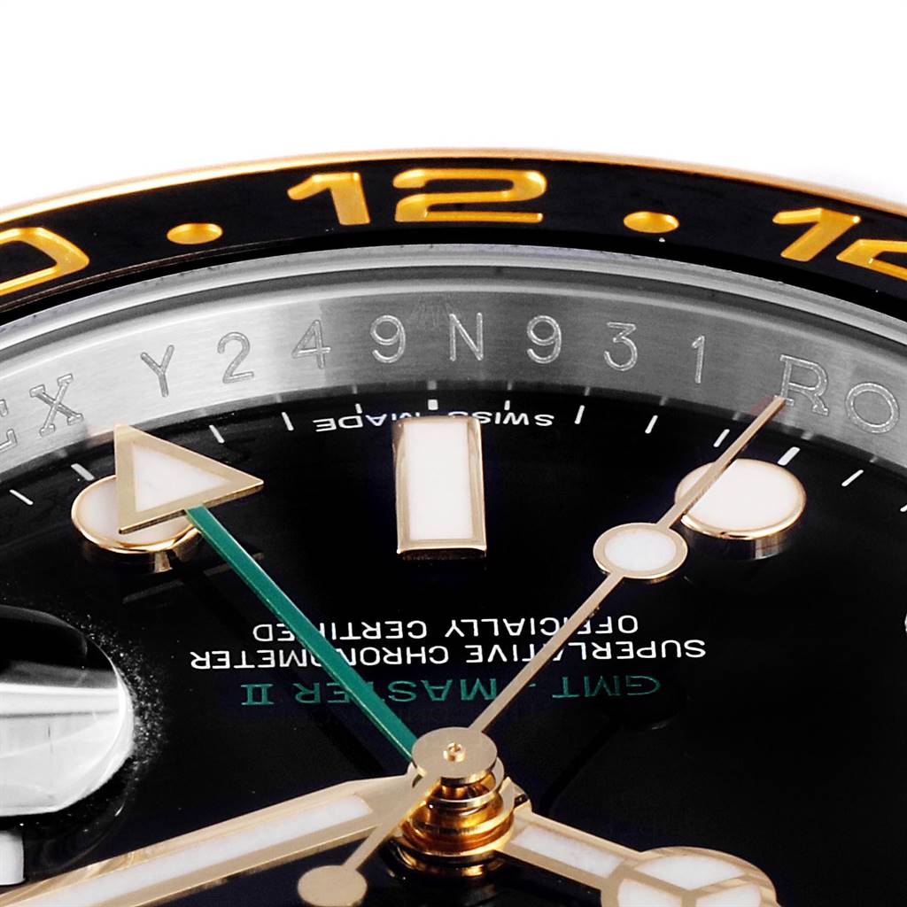 The image shows a close-up of the dial and bezel of the Rolex GMT-Master 116713 Men's Stainless Steel Black Dial 116713 Men's Stainless Steel Black Dial II watch, highlighting the hour markers, hands, and part of the engraved bezel.