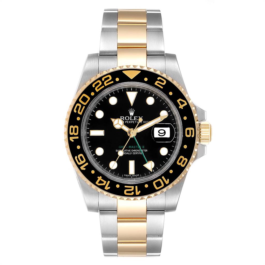 The image shows a frontal view of the Rolex GMT-Master 116713 Men's Stainless Steel Black Dial 116713 Men's Stainless Steel Black Dial watch, highlighting the dial, bezel, and bracelet.