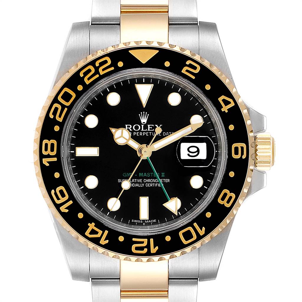The image shows a front view of the Rolex GMT-Master 116713 Men's Stainless Steel Black Dial 116713 Men's Stainless Steel Black Dial II watch, highlighting its black dial, date, and gold bezel.