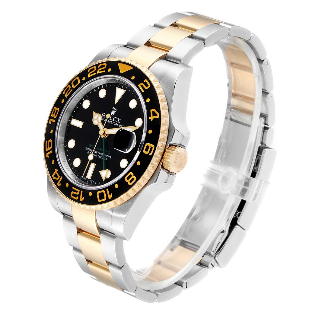 The image shows a side-angle view of a Rolex GMT-Master 116713 Men's Stainless Steel Black Dial 116713 Men's Stainless Steel Black Dial watch, displaying the dial, bezel, crown, and two-tone bracelet.