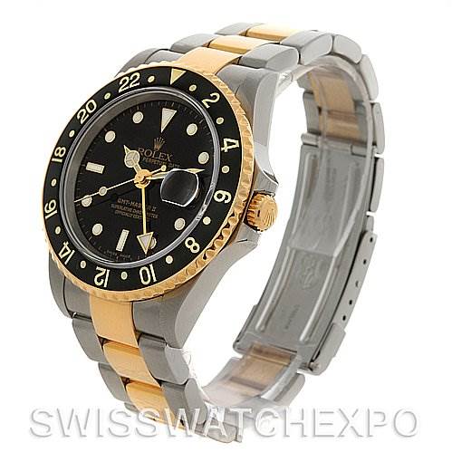 The image shows a side angle of a Rolex GMT-Master 16713 Men's Stainless Steel Black Dial 16713 Men's Stainless Steel Black Dial watch, displaying the bezel, dial, crown, and bracelet.