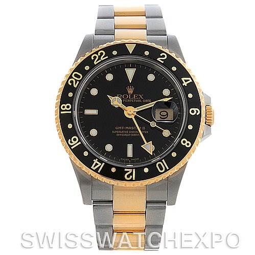 The image shows the front view of a Rolex GMT-Master 16713 Men's Stainless Steel Black Dial 16713 Men's Stainless Steel Black Dial watch, highlighting the bezel, dial, and bracelet.