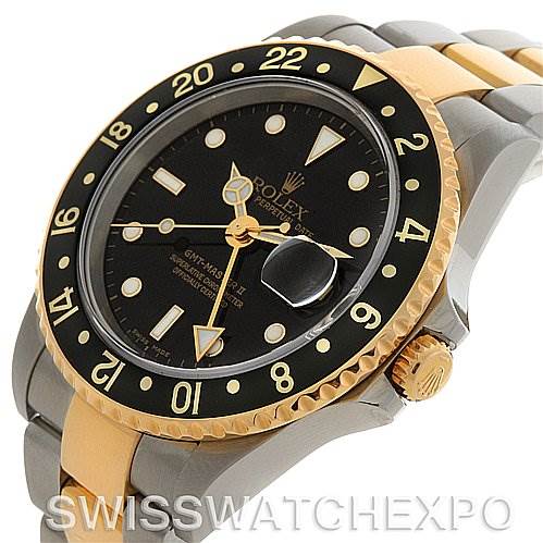 The image shows a Rolex GMT-Master 16713 Men's Stainless Steel Black Dial 16713 Men's Stainless Steel Black Dial watch at an angled view, highlighting the black dial, bezel, and part of the two-tone bracelet.