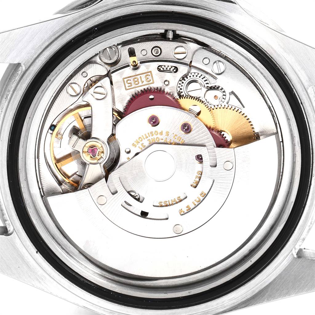 The image shows the internal mechanical movement of a Rolex GMT-Master 16710 Men's Stainless Steel Black Dial 16710 Men's Stainless Steel Black Dial watch from a rear angle.