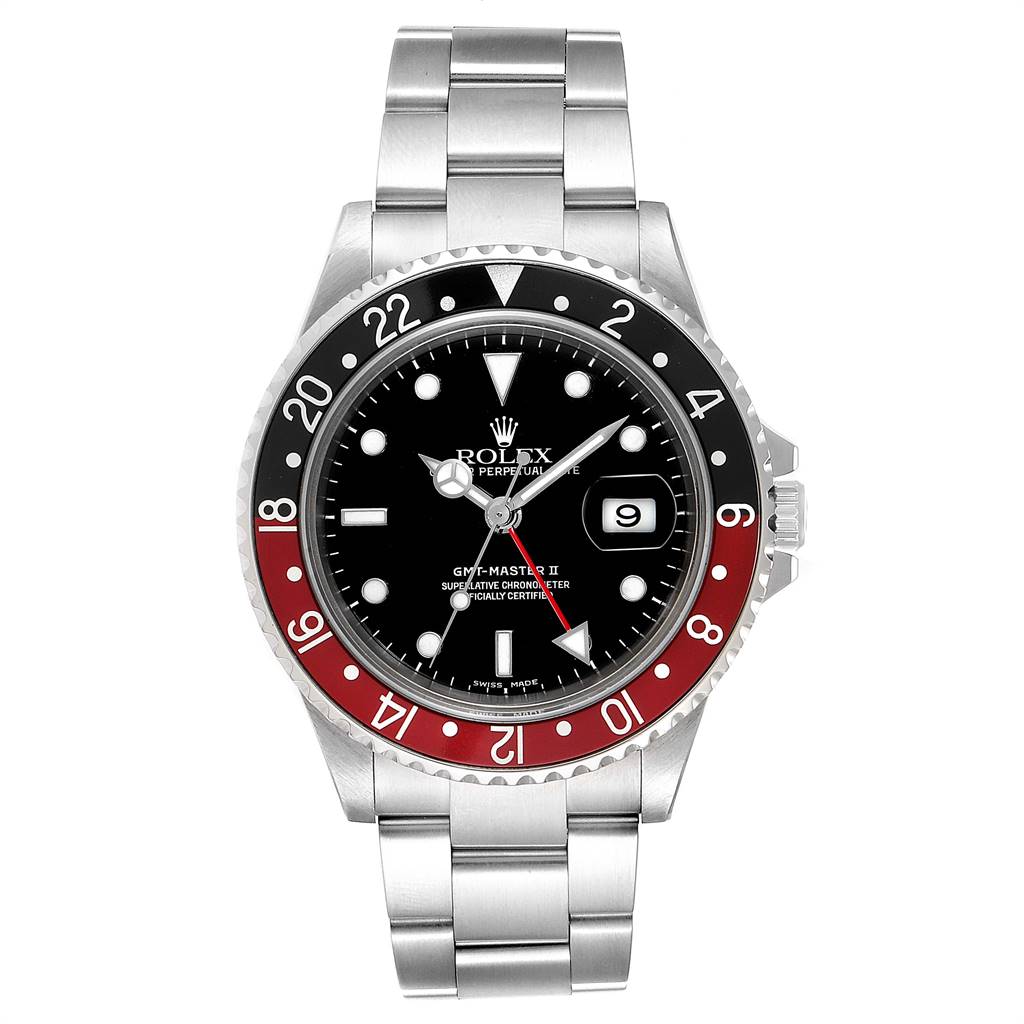 The Rolex GMT-Master 16710 Men's Stainless Steel Black Dial 16710 Men's Stainless Steel Black Dial watch is shown from a top-down angle, displaying the face, bezel, and bracelet.