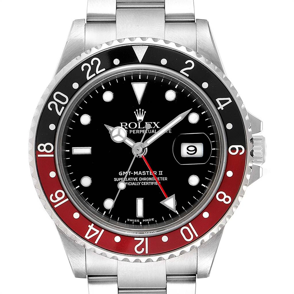 This image shows a frontal view of a Rolex GMT-Master 16710 Men's Stainless Steel Black Dial 16710 Men's Stainless Steel Black Dial II watch, featuring its black and red bezel, dial, and stainless steel bracelet.