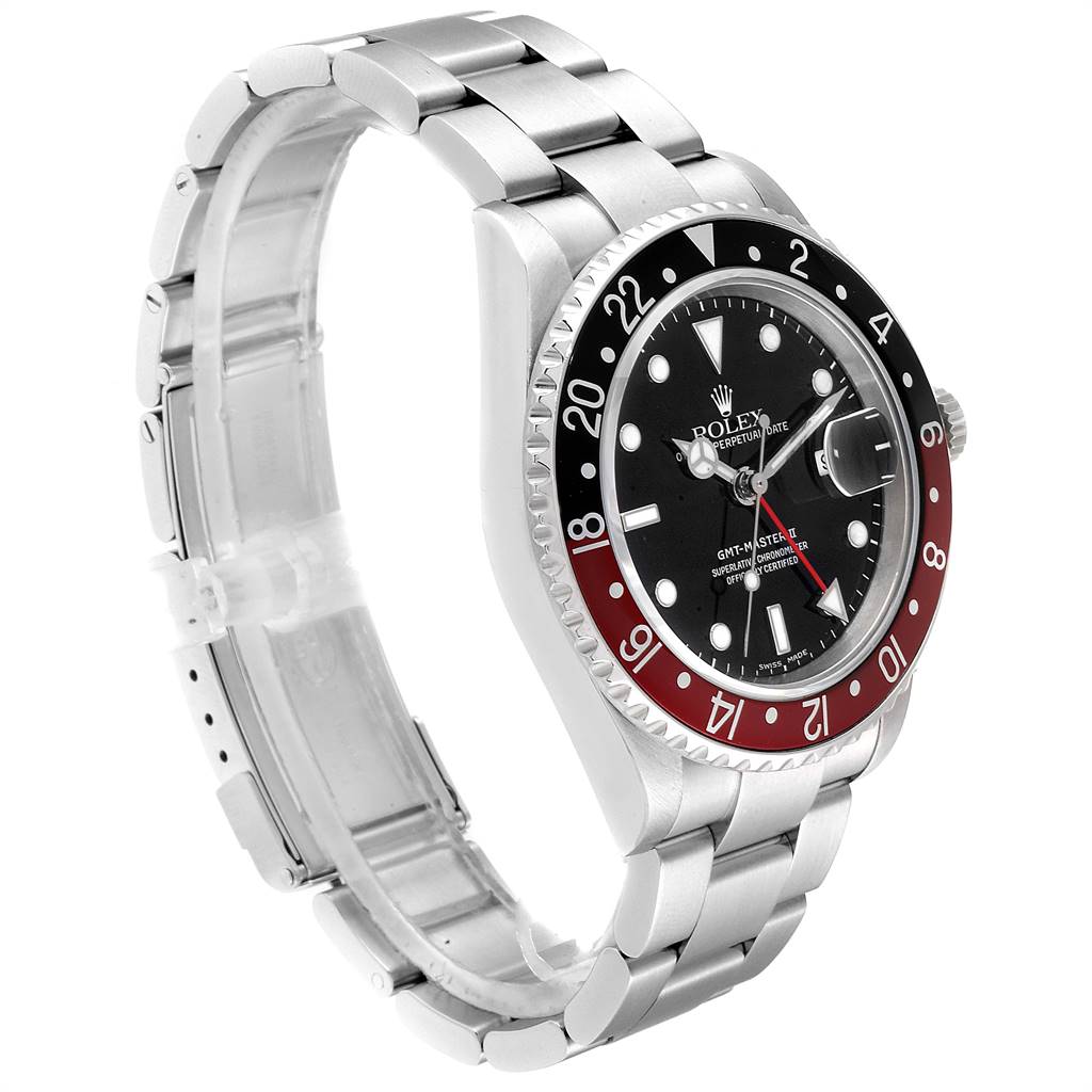 The image shows a side and front angle of a Rolex GMT-Master 16710 Men's Stainless Steel Black Dial 16710 Men's Stainless Steel Black Dial watch, featuring its bezel, face, crown, and bracelet.