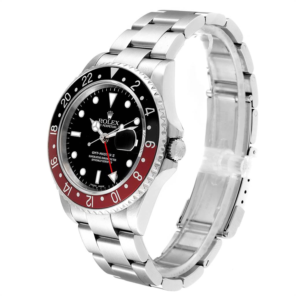 The image shows a side angle of the Rolex GMT-Master 16710 Men's Stainless Steel Black Dial 16710 Men's Stainless Steel Black Dial, highlighting the bezel, dial, bracelet, and crown.