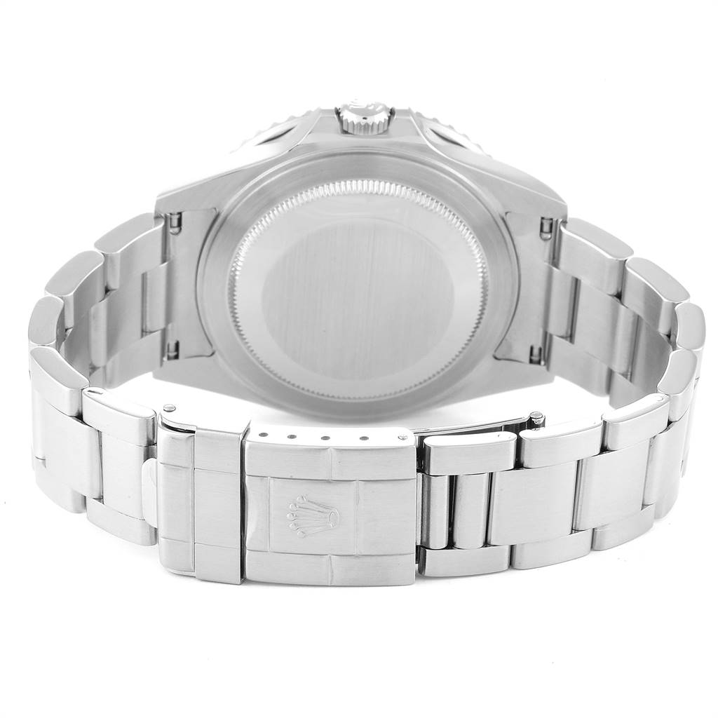 The image shows the back side of a Rolex GMT-Master 16710 Men's Stainless Steel Black Dial 16710 Men's Stainless Steel Black Dial watch, highlighting the case back and metal bracelet with clasp.