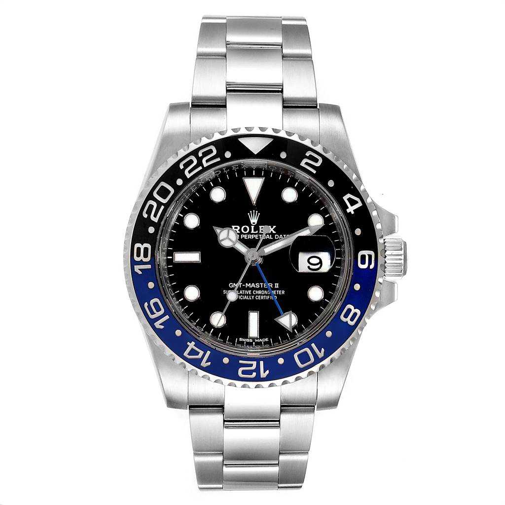 This image shows a front view of a Rolex GMT-Master 116710 Men's Stainless Steel Black Dial 116710 Men's Stainless Steel Black Dial II watch, displaying its bracelet, bezel, dial, and crown.