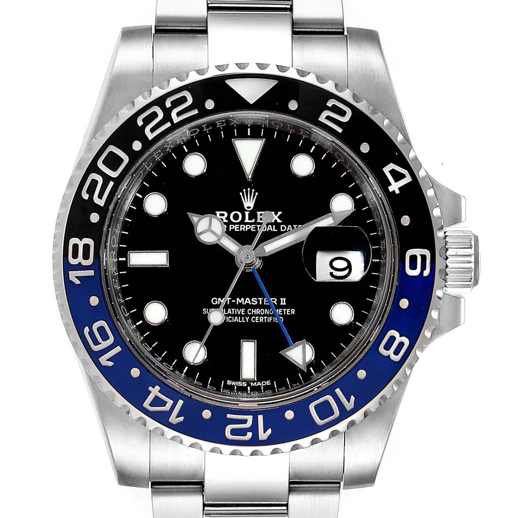 This image shows a front view of the Rolex GMT-Master 116710 Men's Stainless Steel Black Dial 116710 Men's Stainless Steel Black Dial II watch, highlighting its bezel, dial, hands, and bracelet.