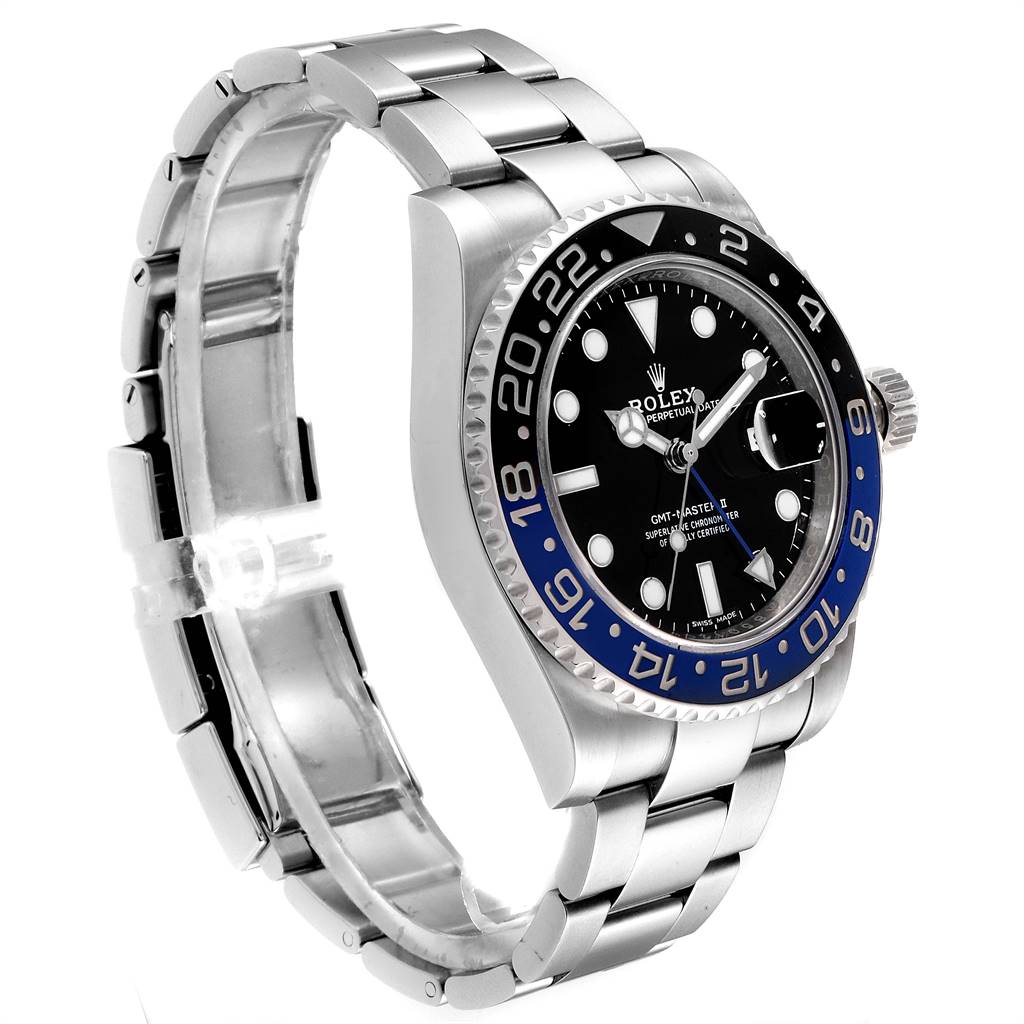 The image shows a side angle of the Rolex GMT-Master 116710 Men's Stainless Steel Black Dial 116710 Men's Stainless Steel Black Dial watch, highlighting its bezel, dial, crown, and bracelet.