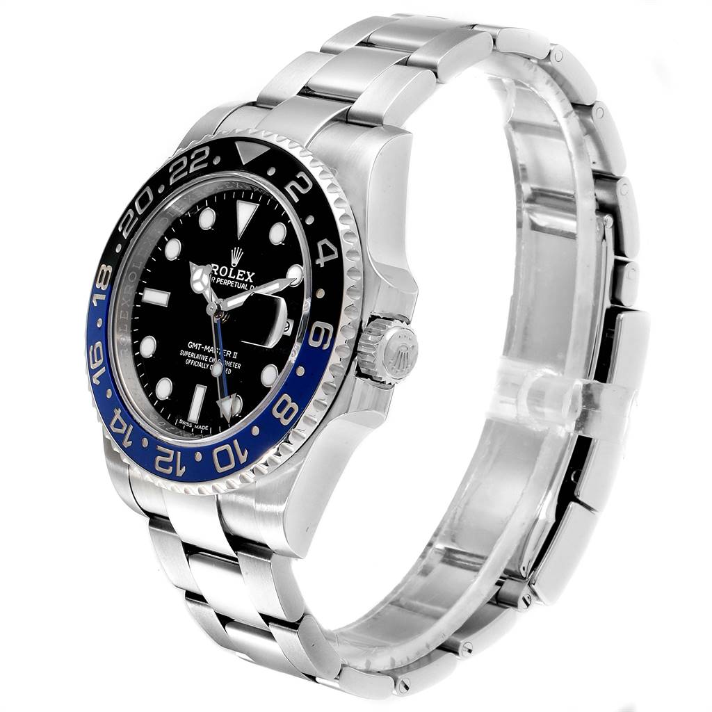 The image shows a Rolex GMT-Master 116710 Men's Stainless Steel Black Dial 116710 Men's Stainless Steel Black Dial II watch at a 3/4 angle, highlighting the face, crown, and stainless steel bracelet.