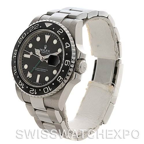This image shows a side angle of a Rolex GMT-Master 116710 Men's Stainless Steel Black Dial 116710 Men's Stainless Steel Black Dial watch, highlighting the bezel, dial, crown, and stainless steel bracelet.