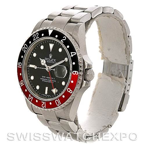 The image shows a Rolex GMT-Master 16710 Men's Stainless Steel Black Dial 16710 Men's Stainless Steel Black Dial watch at an angle highlighting the bezel, dial, case, and bracelet.