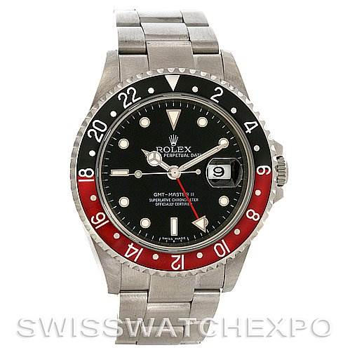 The image shows a Rolex GMT-Master 16710 Men's Stainless Steel Black Dial 16710 Men's Stainless Steel Black Dial II watch from the front, highlighting the bezel, dial, hands, and bracelet.