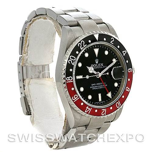 The image shows a side and slightly frontal angle of a Rolex GMT-Master 16710 Men's Stainless Steel Black Dial 16710 Men's Stainless Steel Black Dial watch, highlighting its bezel, dial, and bracelet.