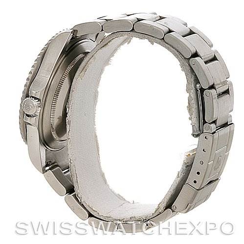 The image shows a side view of a Rolex GMT-Master 16710 Men's Stainless Steel Black Dial 16710 Men's Stainless Steel Black Dial watch, focusing on its band, case, and bezel.