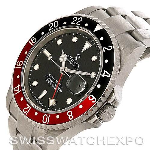 The image shows a side angle of the Rolex GMT-Master 16710 Men's Stainless Steel Black Dial 16710 Men's Stainless Steel Black Dial watch, highlighting the bezel, dial, crown, and bracelet.