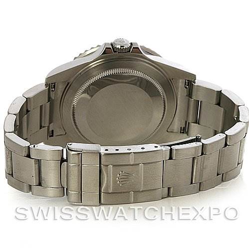The image shows the back view of a Rolex GMT-Master 16710 Men's Stainless Steel Black Dial 16710 Men's Stainless Steel Black Dial watch, highlighting its case back and bracelet.