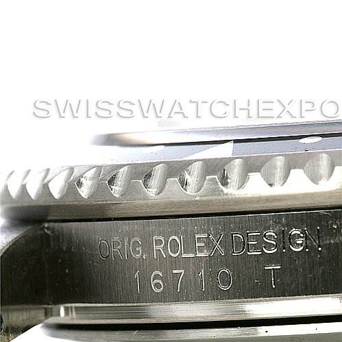 This image shows a close-up of the side of a Rolex GMT-Master 16710 Men's Stainless Steel Black Dial 16710 Men's Stainless Steel Black Dial watch, highlighting the bezel and model number 16710T.