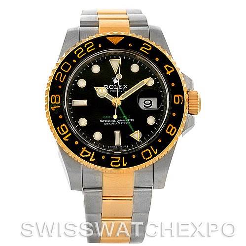 The image shows a front view of a Rolex GMT-Master 116713 Men's Stainless Steel Black Dial 116713 Men's Stainless Steel Black Dial watch, highlighting its dial, bezel, and two-tone bracelet.