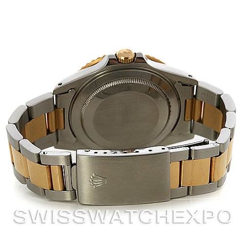 The image shows the backside of a Rolex GMT-Master 16713 Men's Stainless Steel Brown Dial 16713 Men's Stainless Steel Brown Dial watch, focusing on the case back, bracelet, and clasp.