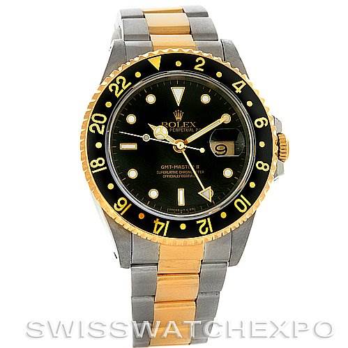 The image shows a frontal view of a Rolex GMT-Master 16713 Men's Stainless Steel Black Dial 16713 Men's Stainless Steel Black Dial watch, highlighting the watch face, bezel, and dual-tone bracelet.