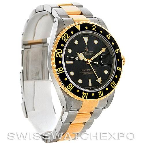 The image shows a Rolex GMT-Master 16713 Men's Stainless Steel Black Dial 16713 Men's Stainless Steel Black Dial watch at an angle highlighting the face, bezel, and two-tone bracelet.