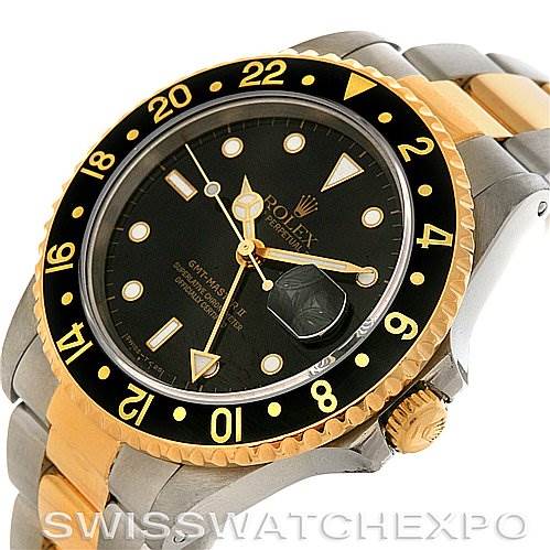 The image shows a Rolex GMT-Master 16713 Men's Stainless Steel Black Dial 16713 Men's Stainless Steel Black Dial watch at a slight angle, highlighting the black bezel, dial, and two-tone bracelet.