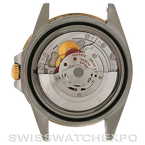 The image shows the back of the Rolex GMT-Master 16713 Men's Stainless Steel Black Dial 16713 Men's Stainless Steel Black Dial watch, focusing on its internal movement and mechanism.