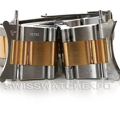 The image shows a close-up of the two-tone stainless steel and gold bracelet for a Rolex GMT-Master 16713 Men's Stainless Steel Black Dial 16713 Men's Stainless Steel Black Dial watch.