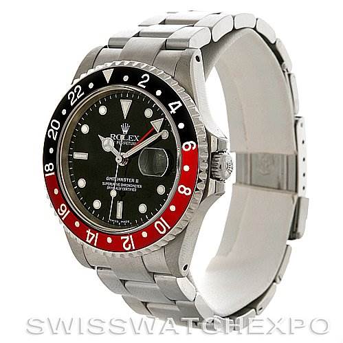 This image shows a side and front view of a Rolex GMT-Master 16710 Men's Stainless Steel Black Dial 16710 Men's Stainless Steel Black Dial II watch, highlighting its bezel, dial, and bracelet.
